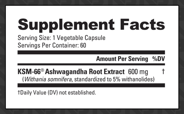 Ashwagandha (KSM-66): Supplement Facts panel. Full text below the image: open "Read the Supplement Facts as text".