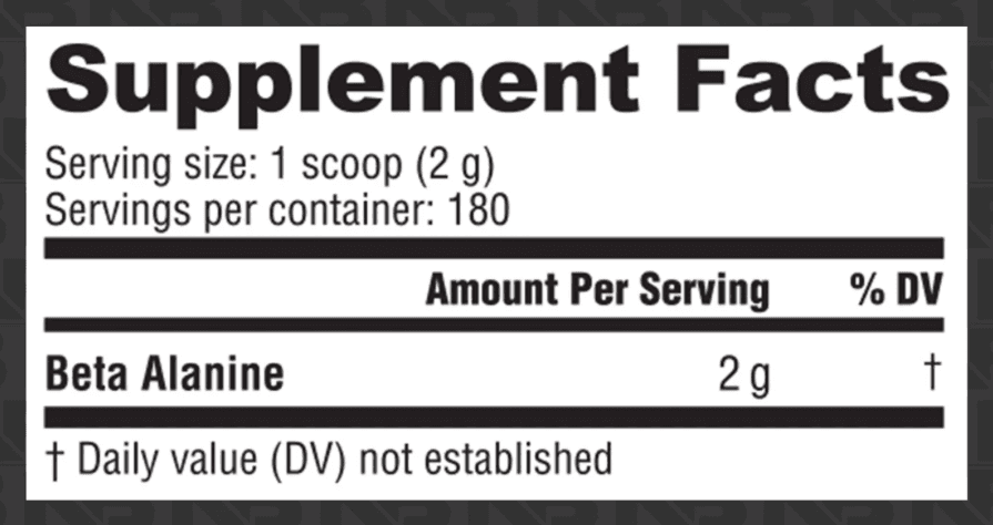 Beta-Alanine: Supplement Facts panel. Full text below the image: open "Read the Supplement Facts as text".