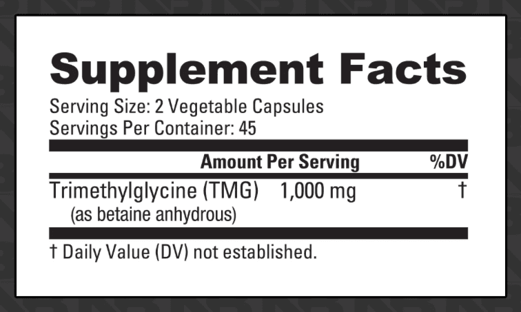 Betaine (TMG): Supplement Facts panel. Full text below the image: open "Read the Supplement Facts as text".