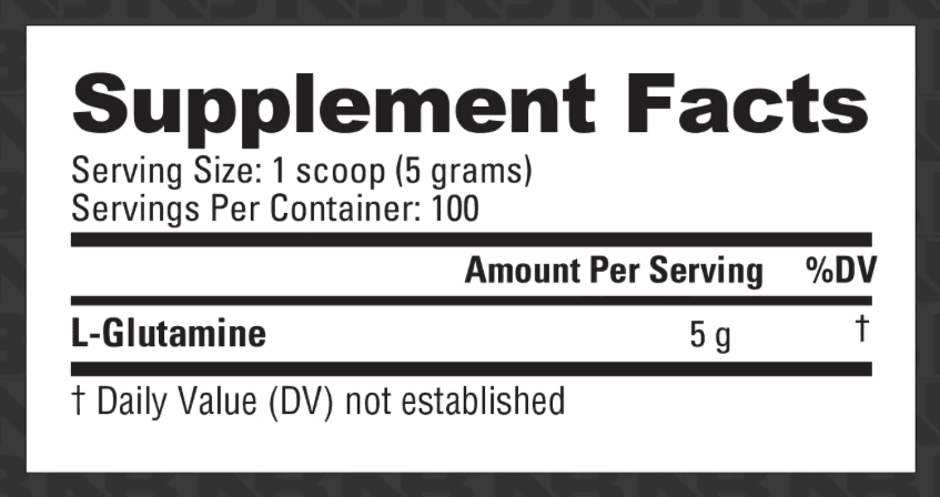 L-Glutamine: Supplement Facts panel. Full text below the image: open "Read the Supplement Facts as text".