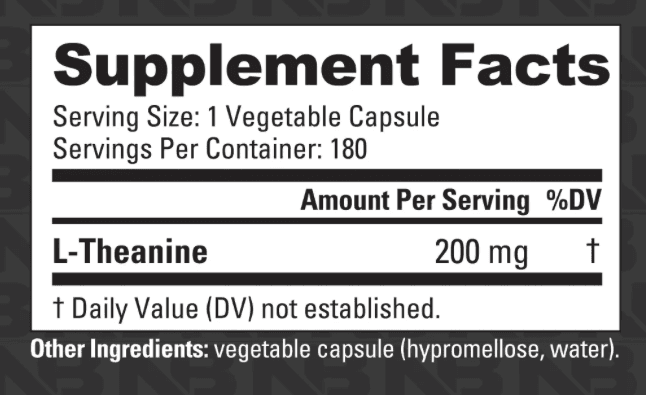 L-Theanine: Supplement Facts panel and ingredient list. Full text below the image: open "Read the Supplement Facts as text".