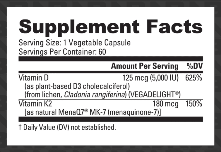 Vitamin D3 + K2: Supplement Facts panel. Full text below the image: open "Read the Supplement Facts as text".