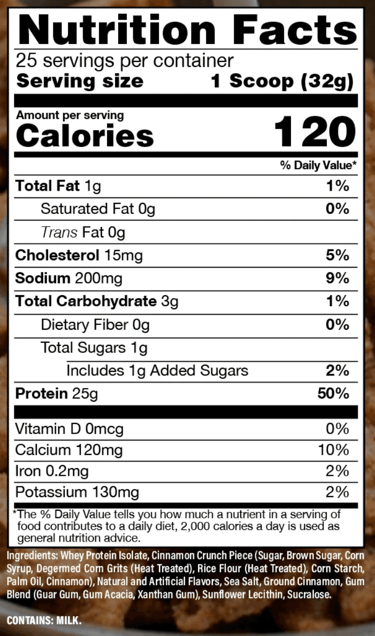 BUM Itholate, Cinnamon Crunch flavor: Nutrition Facts panel and ingredient list. Full text below the image: open "Read the Nutrition Facts as text".
