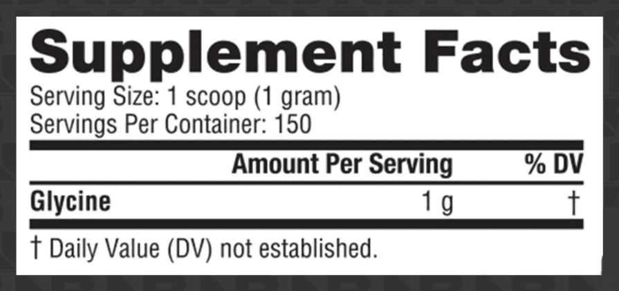 Glycine: Supplement Facts panel. Full text below the image: open "Read the Supplement Facts as text".