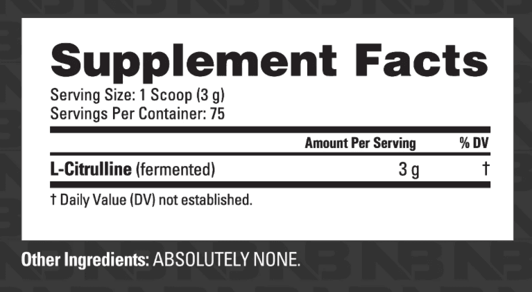 L-Citrulline: Supplement Facts panel and ingredient list. Full text below the image: open "Read the Supplement Facts as text".