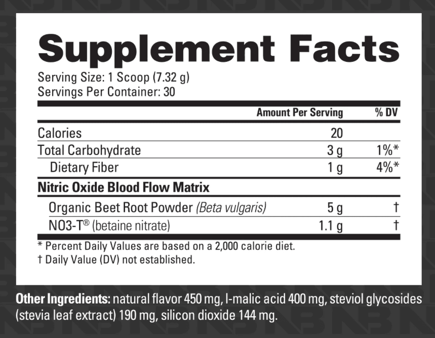 Mega Beets, Mixed Berry flavor: Supplement Facts panel and ingredient list. Full text below the image: open "Read the Supplement Facts as text".