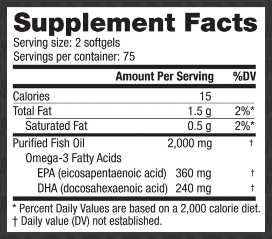 Omega-3 Fish Oil: Supplement Facts panel. Full text below the image: open "Read the Supplement Facts as text".