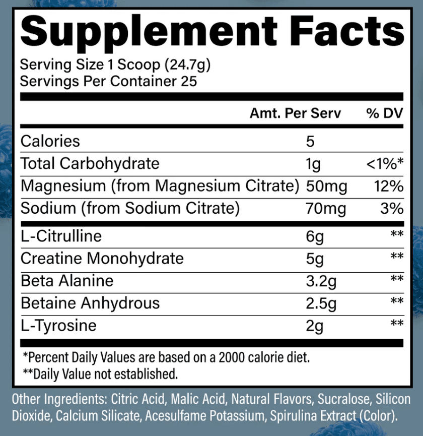 Essential Performance, Blue Rathberry flavor: Supplement Facts panel and ingredient list. Full text below the image: open "Read the Supplement Facts as text".