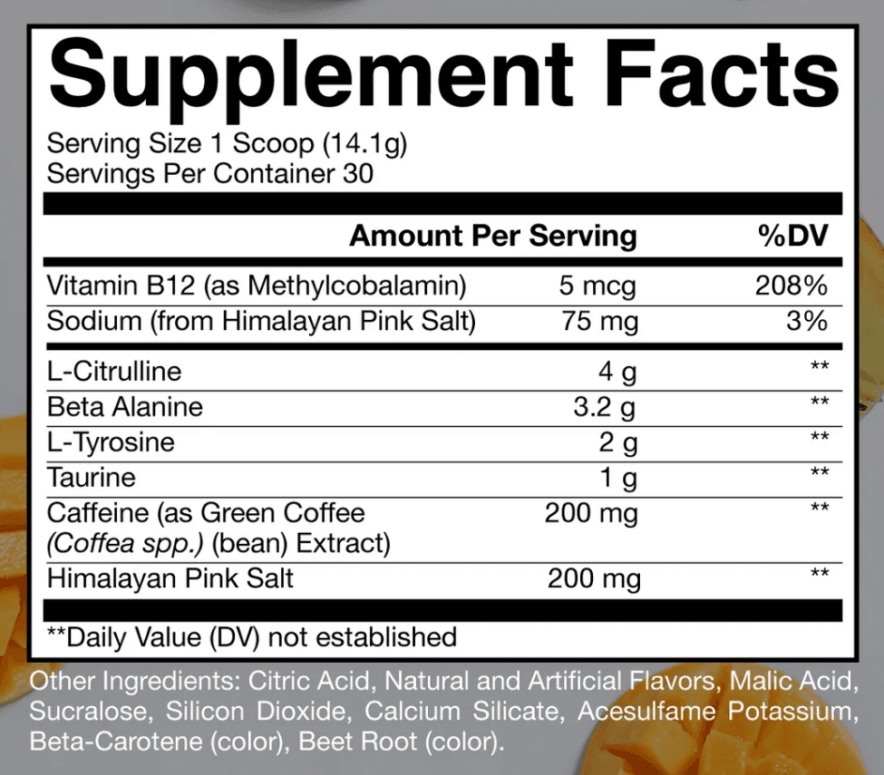 Essential Pre, Peach Mango flavor: Supplement Facts panel and ingredient list. Full text below the image: open "Read the Supplement Facts as text".