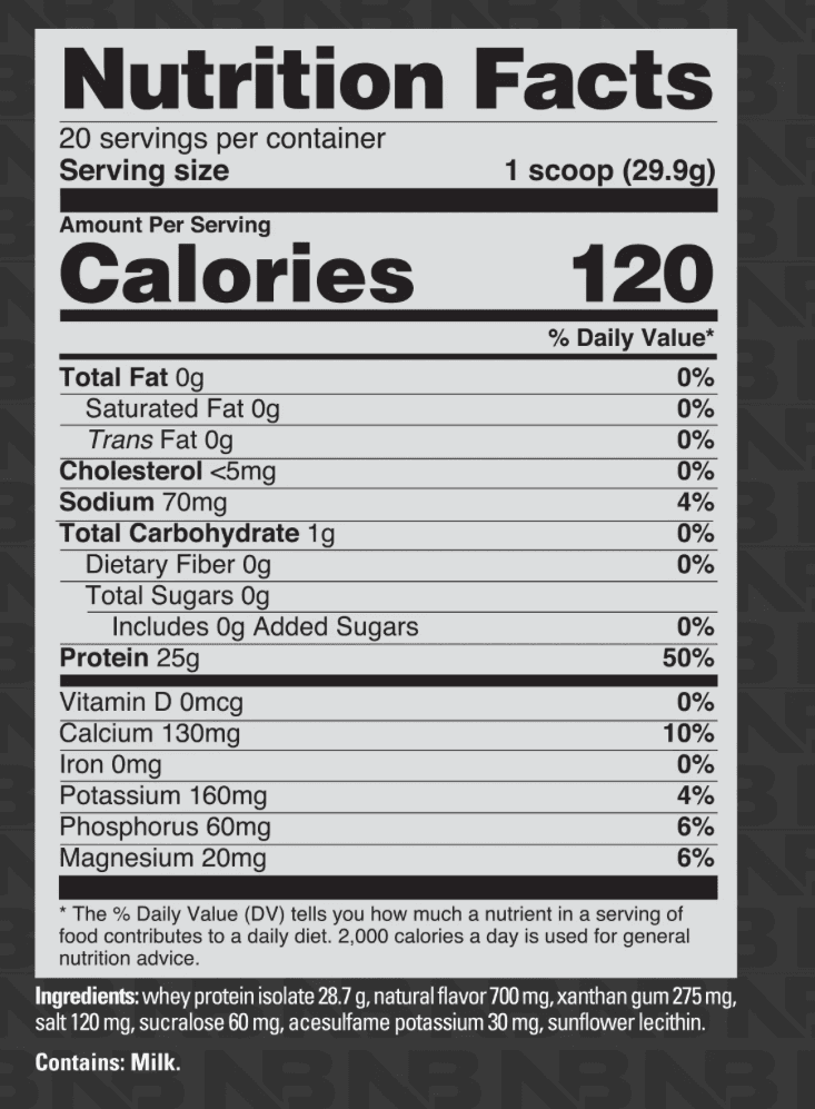 Whey Protein Isolate, Creamy Vanilla flavor: Nutrition Facts panel and ingredient list. Full text below the image: open "Read the Nutrition Facts as text".